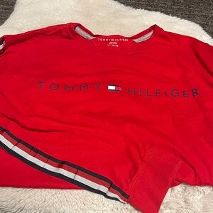 Tommy Hilfiger Red Crewneck with Striped Sleeves